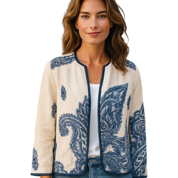 Chico's Jackets & Blazers - Linen Willow Print Brushed Paisley Mandarin Inverted Collar Blazer Chico's 2 Lrg